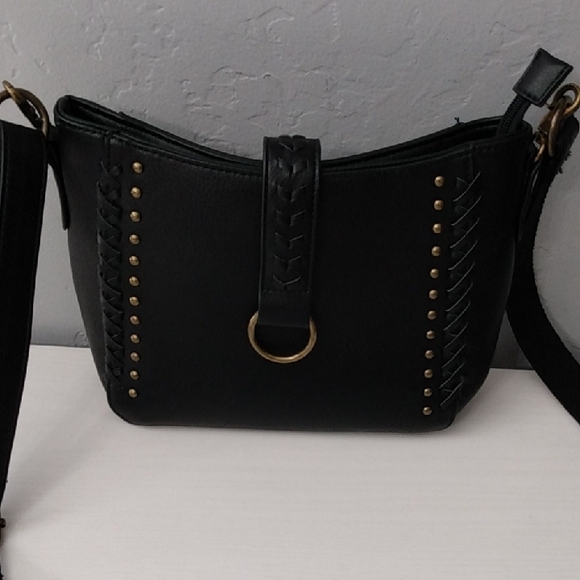 Black Faux Leather Studded Crossbody Bag With Braided Detail Adjustable Strap - Picture 6 of 16